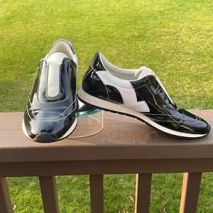 Salvatore Ferragamo Black Patent and White Leather Slip On Sneaker Shoes 10 B